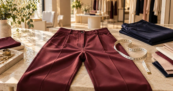 Bordo yüksek bel kadın pantolonunun ön ağ dikişi ve kalıbının terzi mezurasıyla incelendiği doğal ışıklı butik çalışma masası
