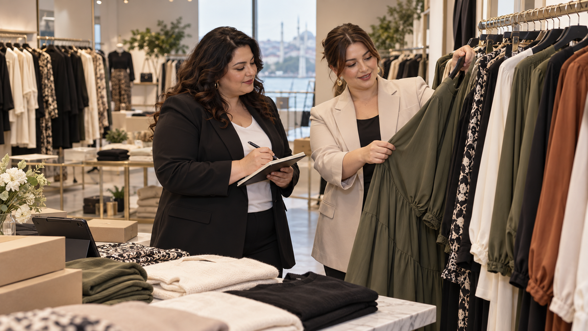 Toptan büyük beden giyim alımında koleksiyon inceleyen butik alıcısı ve showroom temsilcisi
