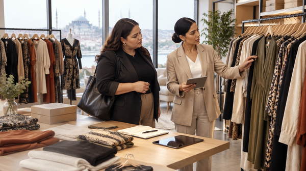 Toptan kadın giyim alımında sipariş miktarını planlayan butik alıcısı