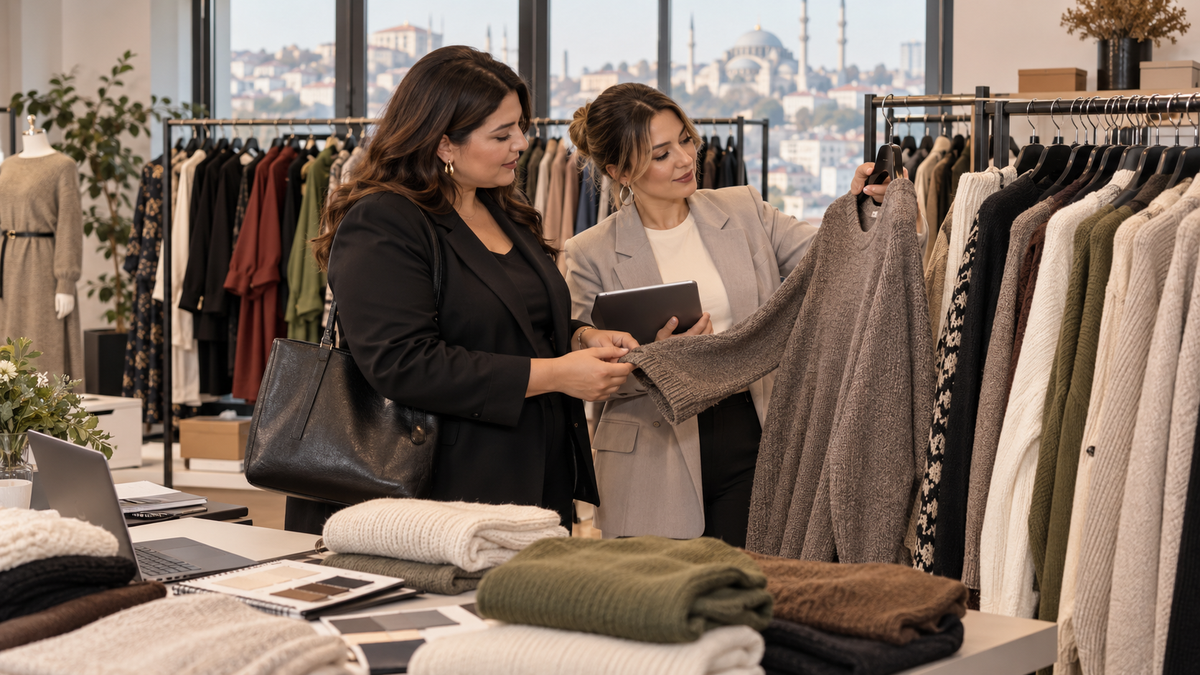İstanbul'daki toptan moda showroomunda büyük beden kadın giyim koleksiyonunu inceleyen butik alıcısı