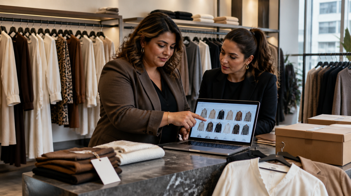 XML ile toptan kadın giyim için dijital ürün kataloğunu inceleyen butik alıcısı ve showroom temsilcisi