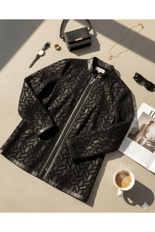 Büyük Beden Kadın Siyah Geometrik Desenli Deri Detaylı Ceket