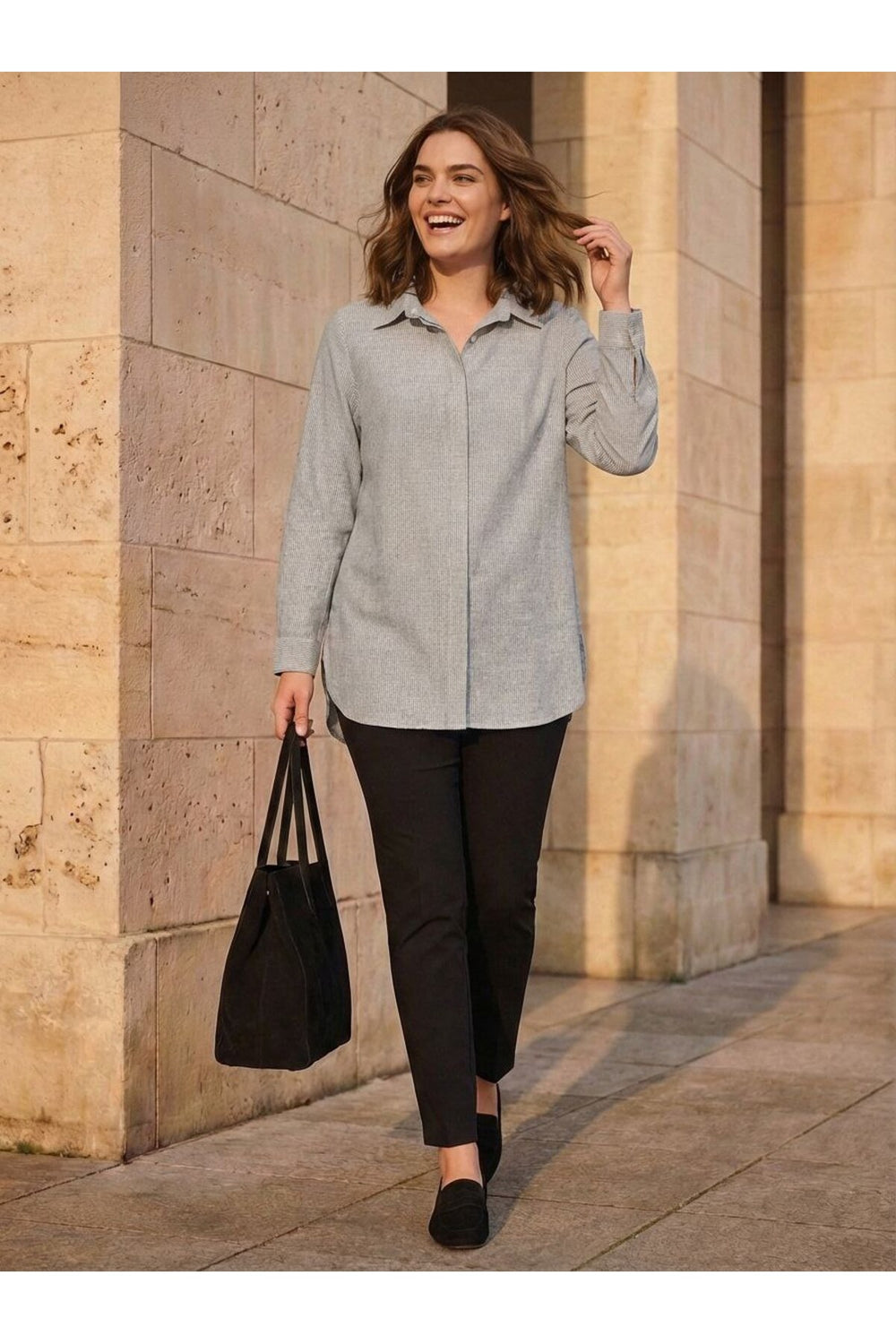 Plus Size Women's Striped Cotton Linen Long Sleeve Shirt - Image 1