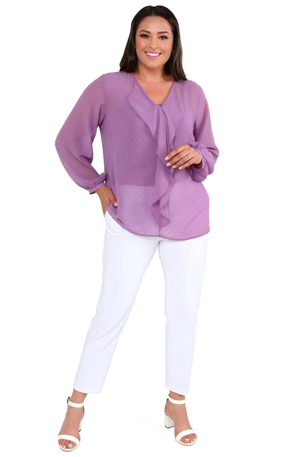 Büyük Beden Kadın  Şifon Fırfırlı Bluz - Astarlı