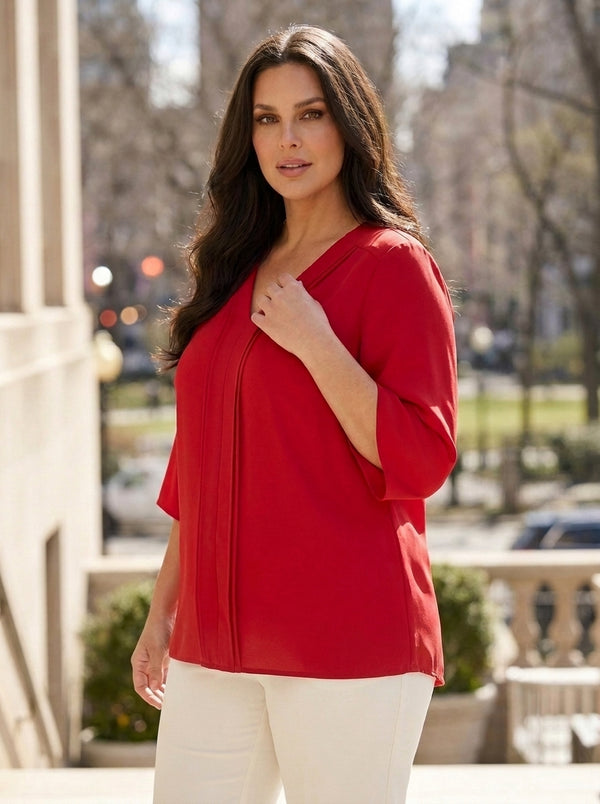 Plus Size Elegant V-Neck Pintuck Detail Jessica Crepe Blouse