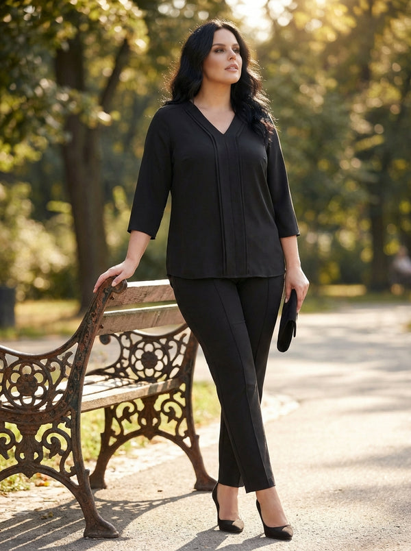 Plus Size Elegant V-Neck Pintuck Detail Jessica Crepe Blouse