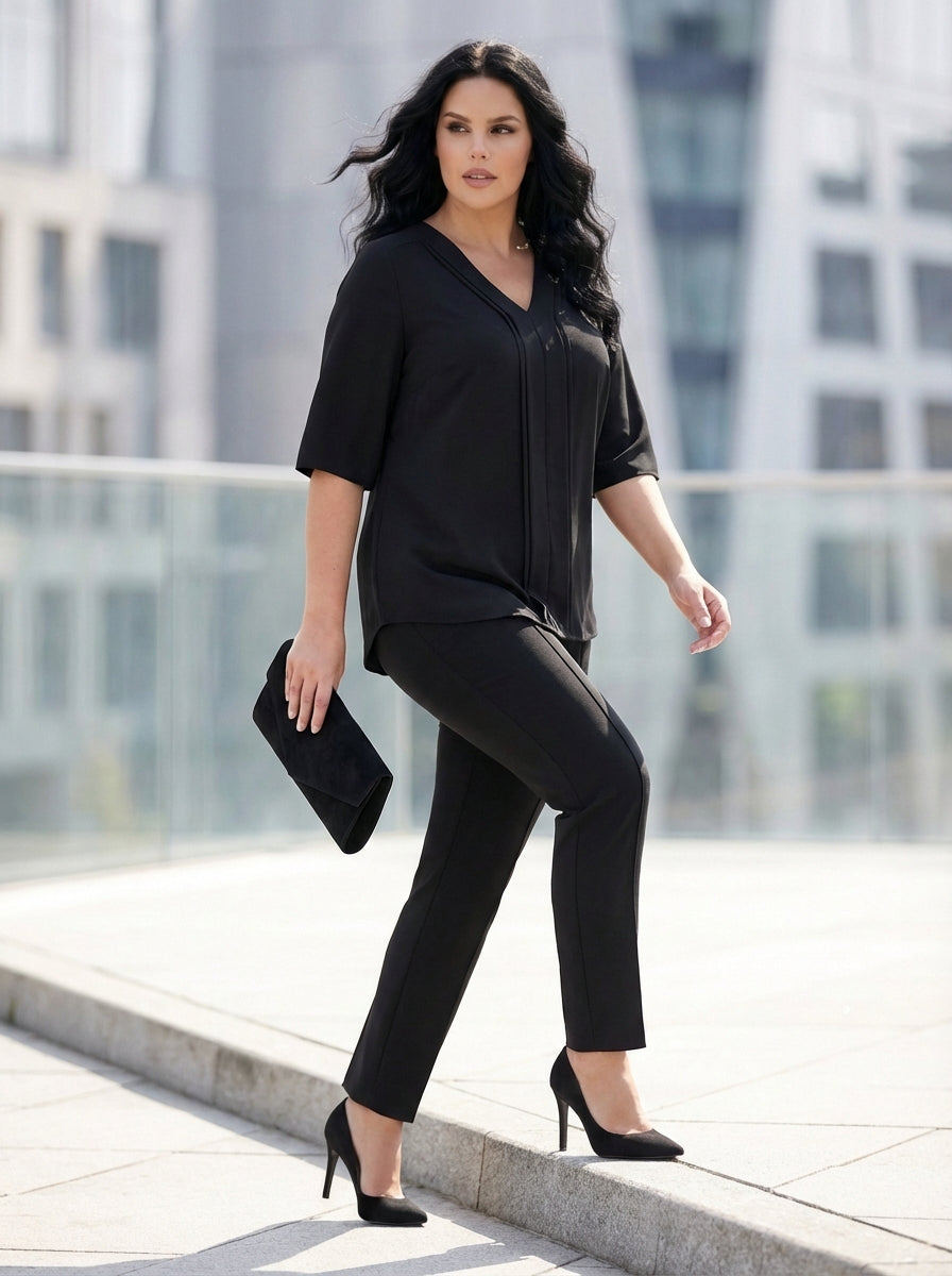 Plus Size Elegant V-Neck Pintuck Detail Jessica Crepe Blouse - Image 74