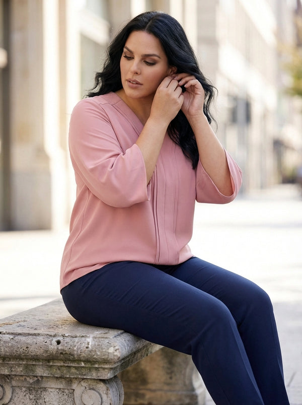 Plus Size Elegant V-Neck Pintuck Detail Jessica Crepe Blouse
