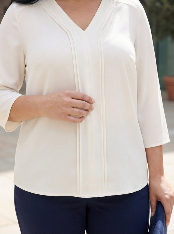 Plus Size Elegant V-Neck Pintuck Detail Jessica Crepe Blouse