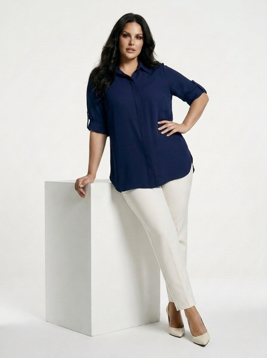Plus Size Women's Terracotta Hidden Placket Wrinkle-Free Woven Shirt - Image 58