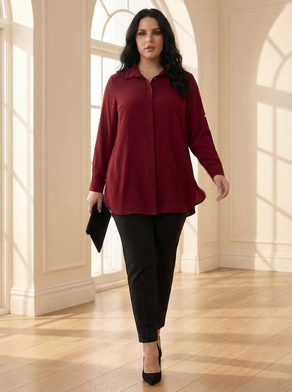 Plus Size Women's Terracotta Hidden Placket Wrinkle-Free Woven Shirt