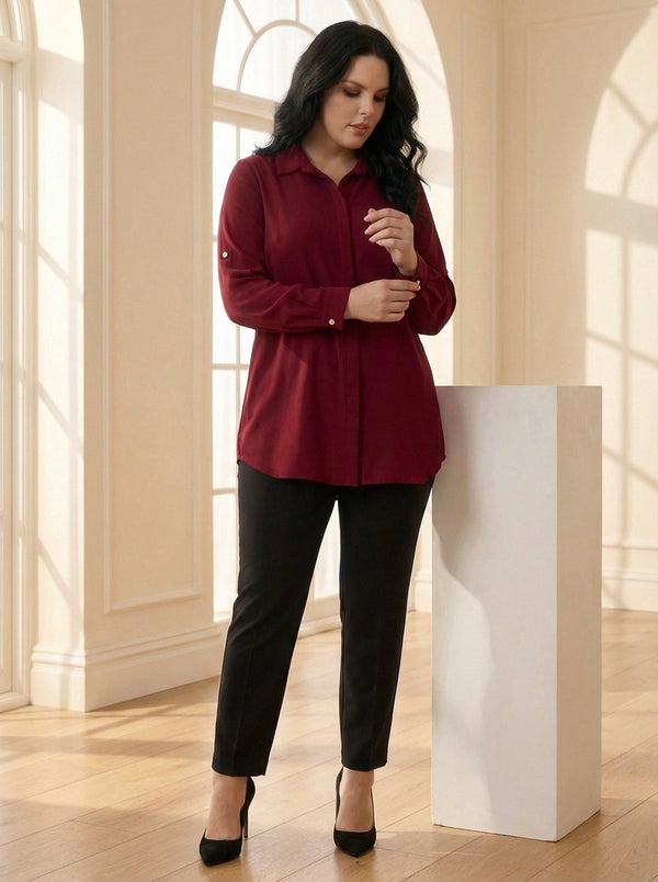 Plus Size Women's Terracotta Hidden Placket Wrinkle-Free Woven Shirt