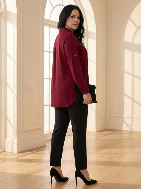 Plus Size Women's Terracotta Hidden Placket Wrinkle-Free Woven Shirt