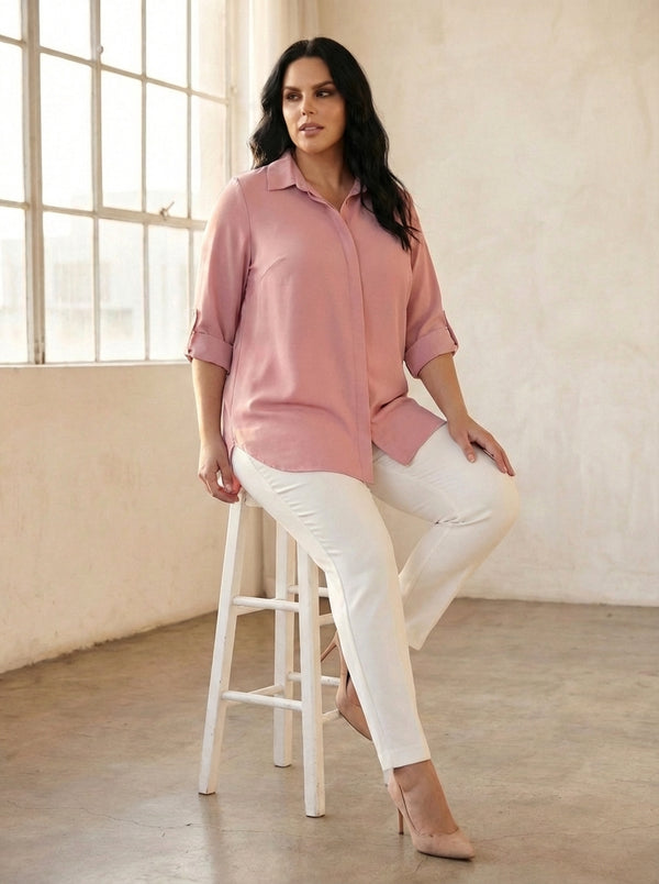 Plus Size Women's Terracotta Hidden Placket Wrinkle-Free Woven Shirt