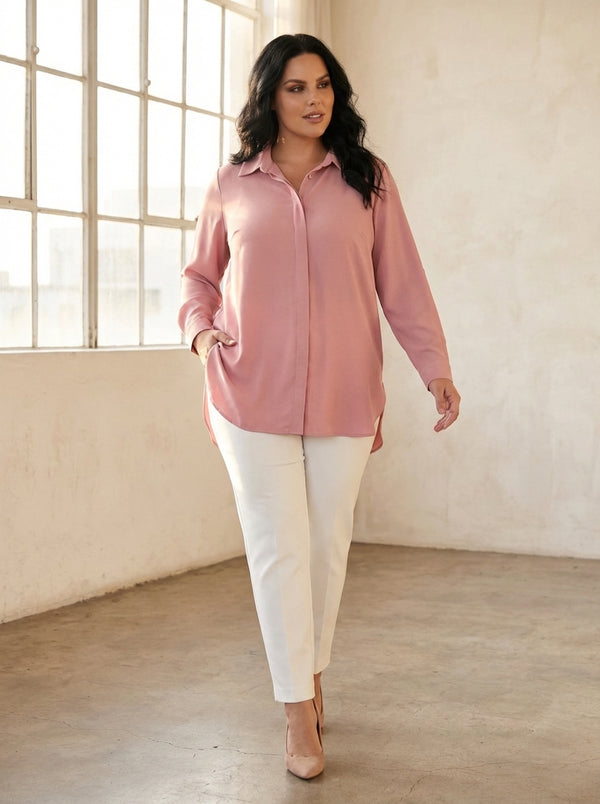 Plus Size Women's Terracotta Hidden Placket Wrinkle-Free Woven Shirt