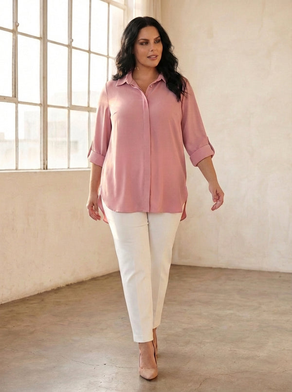 Plus Size Women's Terracotta Hidden Placket Wrinkle-Free Woven Shirt