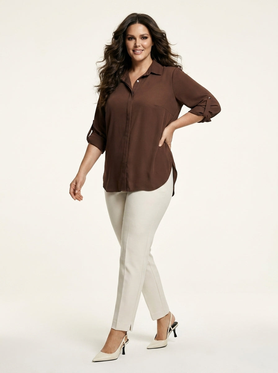 Plus Size Women's Terracotta Hidden Placket Wrinkle-Free Woven Shirt - Image 46