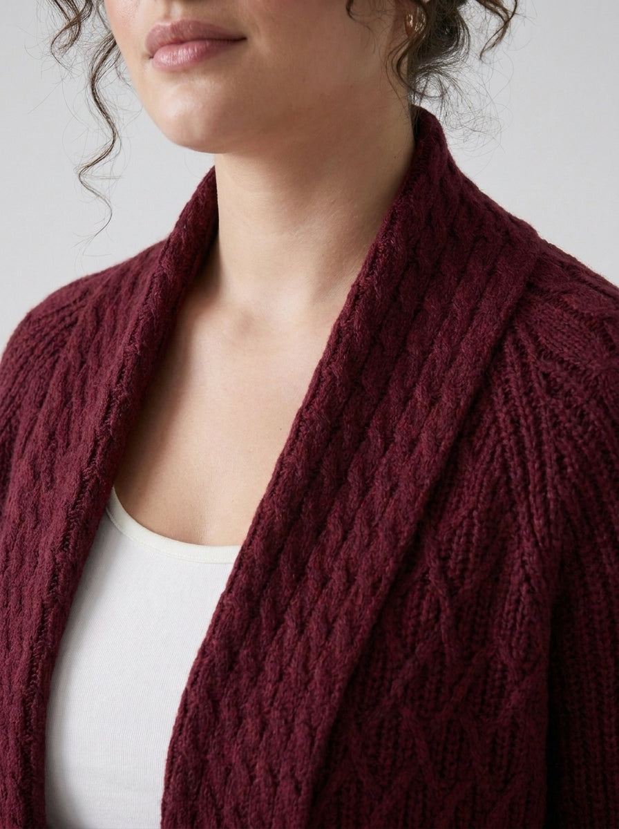 Plus Size Women's Green Shawl Collar Pockets Long Cable Knit Cardigan