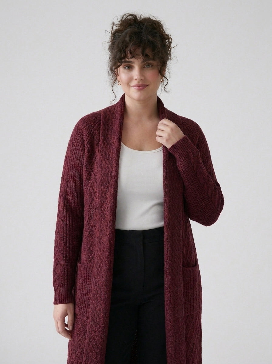 Plus Size Women's Green Shawl Collar Pockets Long Cable Knit Cardigan