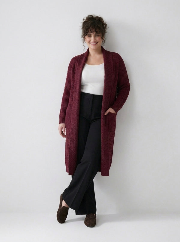 Plus Size Women's Green Shawl Collar Pockets Long Cable Knit Cardigan