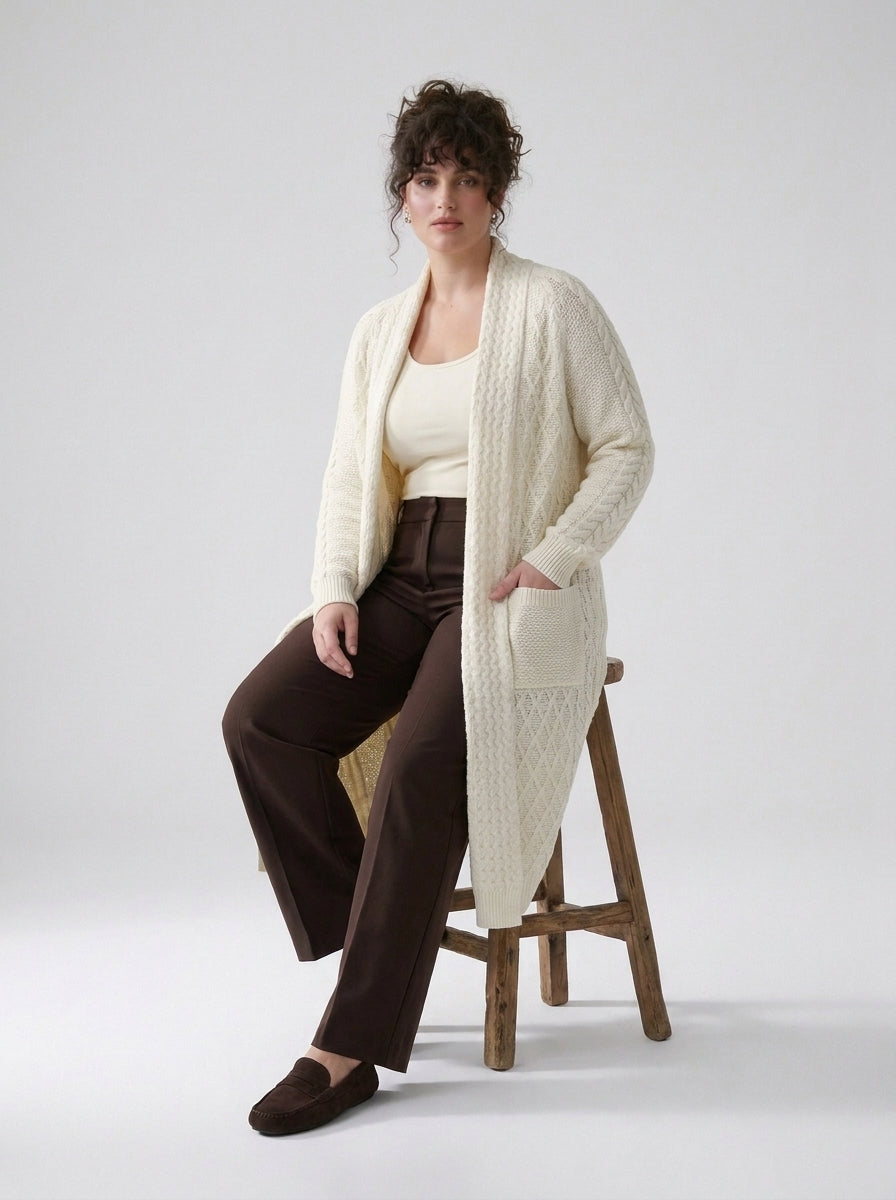 Plus Size Women's Green Shawl Collar Pockets Long Cable Knit Cardigan