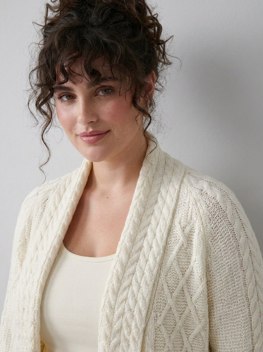 Plus Size Women's Green Shawl Collar Pockets Long Cable Knit Cardigan