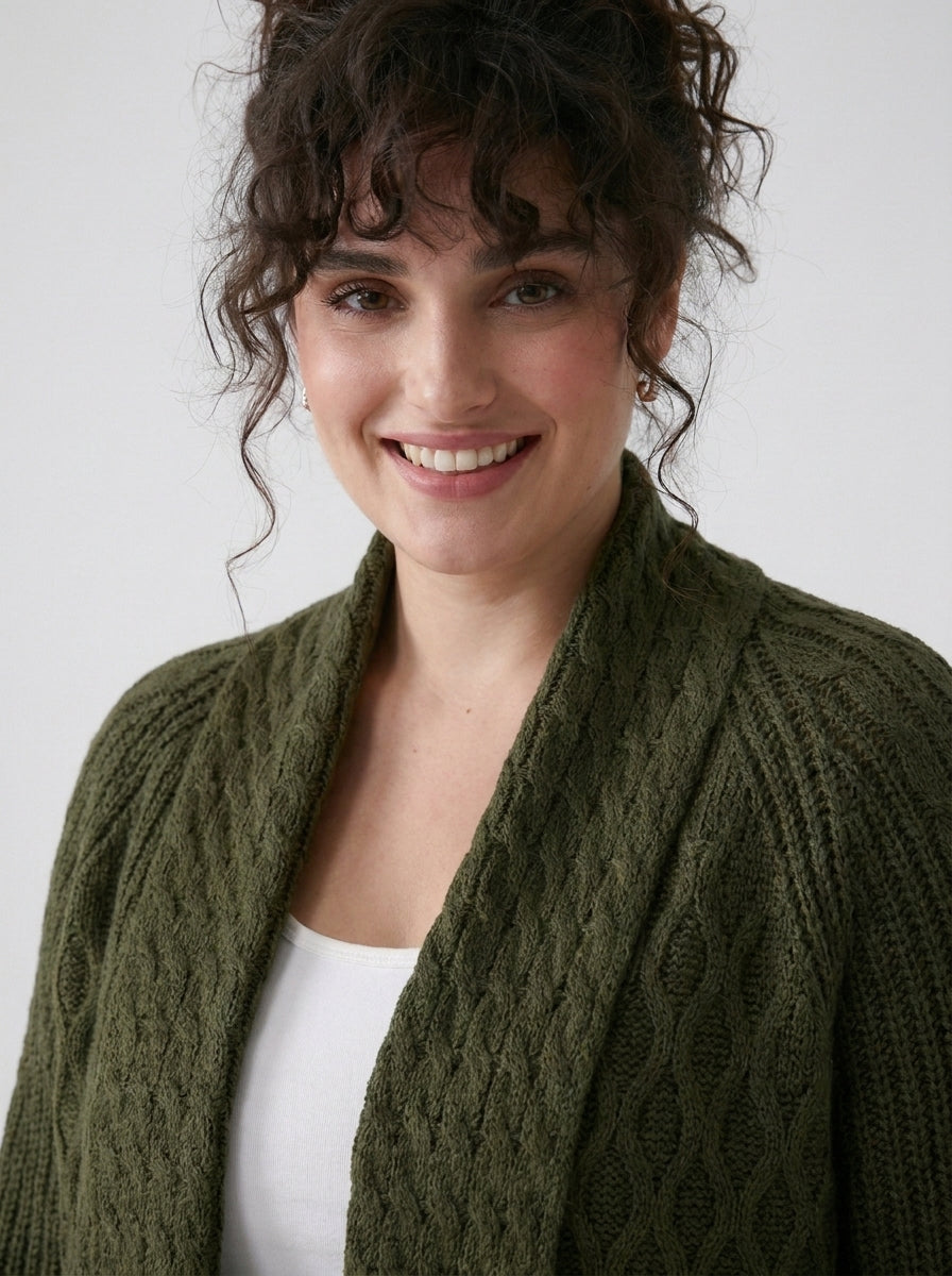 Plus Size Women's Green Shawl Collar Pockets Long Cable Knit Cardigan