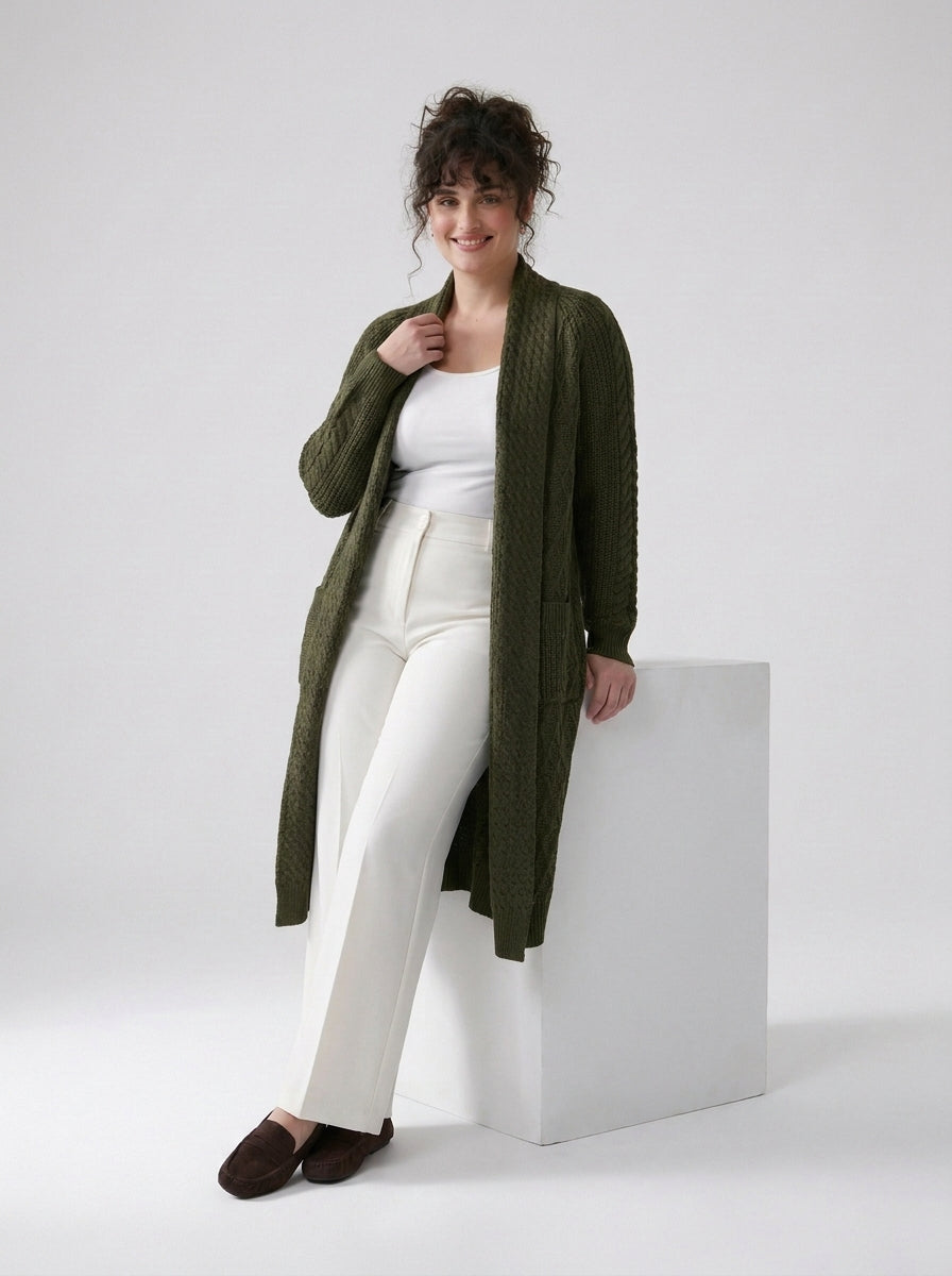Plus Size Women's Green Shawl Collar Pockets Long Cable Knit Cardigan