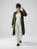Plus Size Women's Green Shawl Collar Pockets Long Cable Knit Cardigan