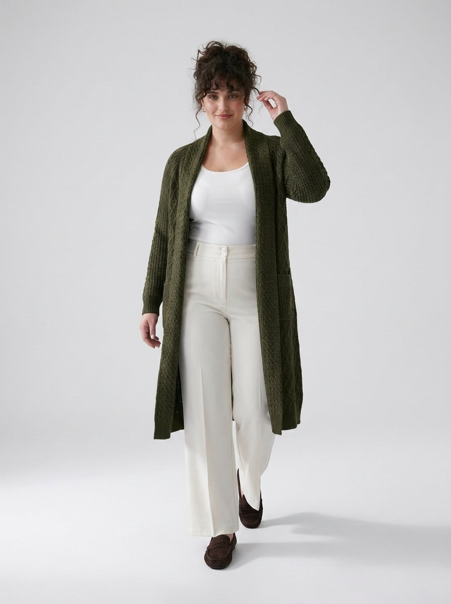 Plus Size Women's Green Shawl Collar Pockets Long Cable Knit Cardigan