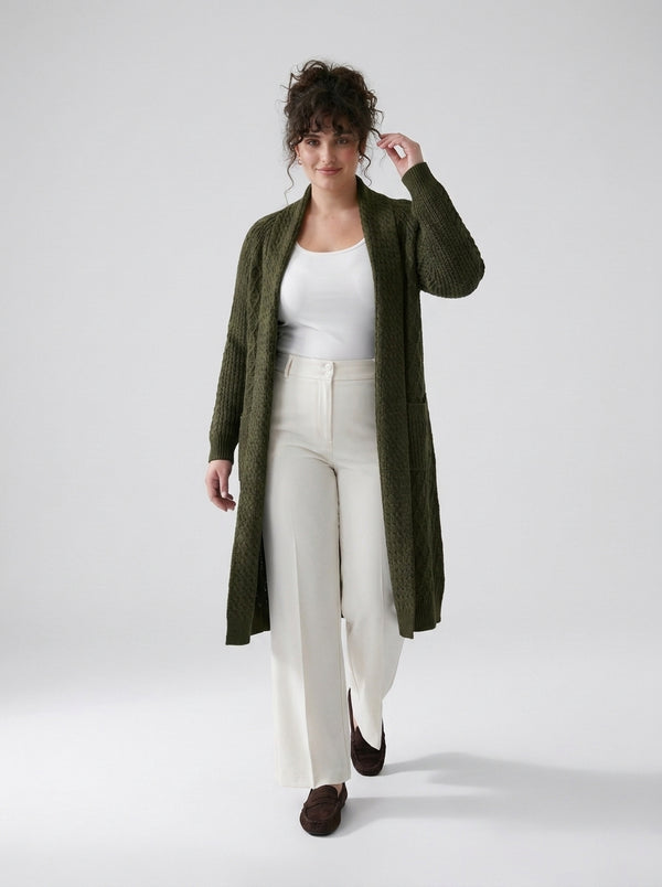 Plus Size Women's Green Shawl Collar Pockets Long Cable Knit Cardigan