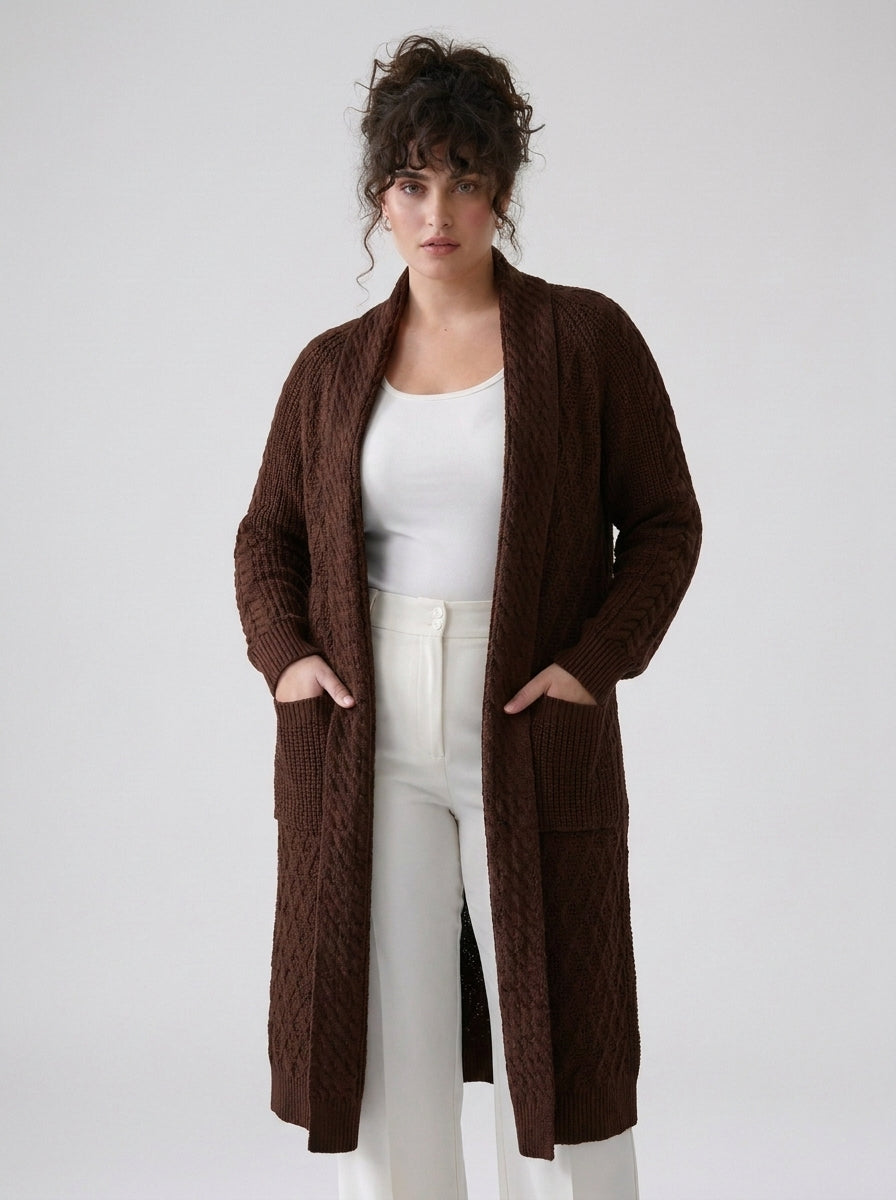 Plus Size Women's Green Shawl Collar Pockets Long Cable Knit Cardigan
