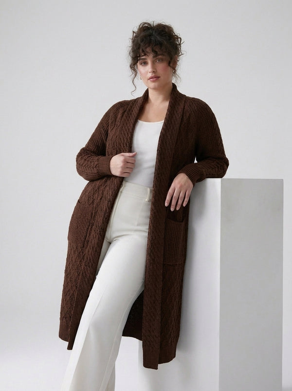 Plus Size Women's Green Shawl Collar Pockets Long Cable Knit Cardigan