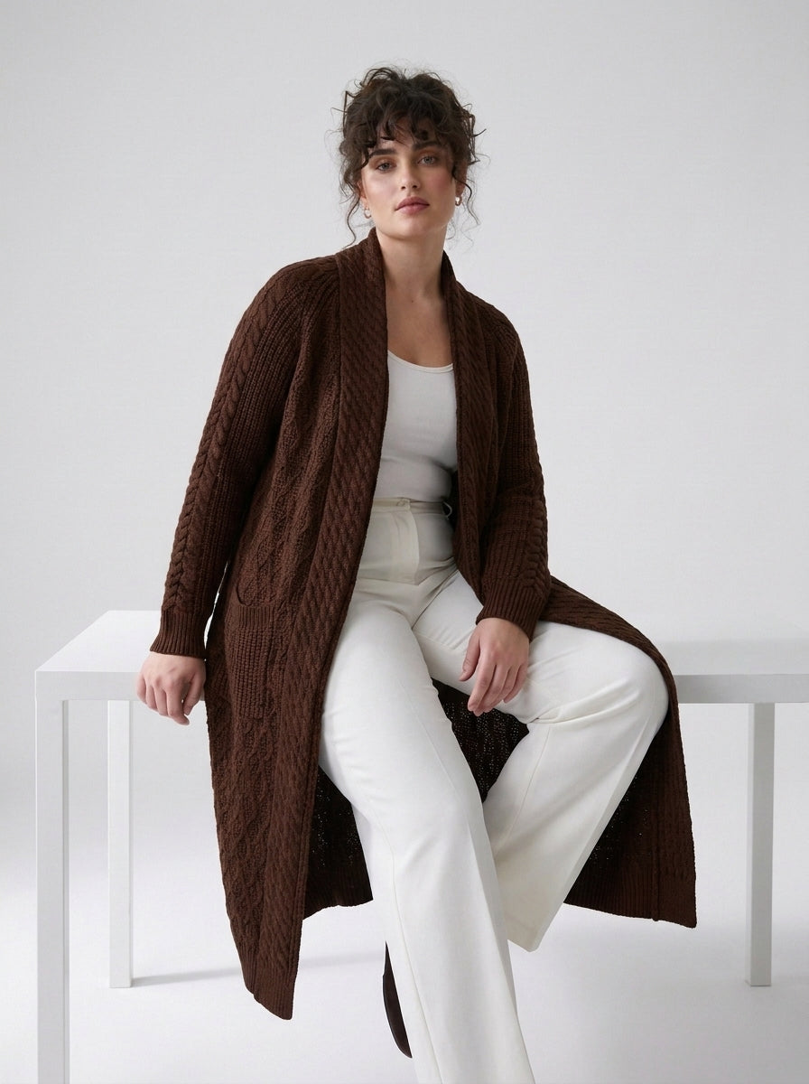 Plus Size Women's Green Shawl Collar Pockets Long Cable Knit Cardigan
