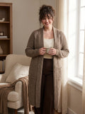 Plus Size Women's Green Shawl Collar Pockets Long Cable Knit Cardigan
