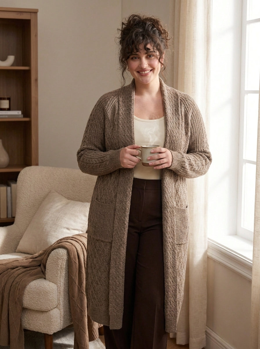 Plus Size Women's Green Shawl Collar Pockets Long Cable Knit Cardigan