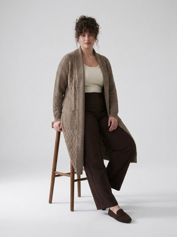 Plus Size Women's Green Shawl Collar Pockets Long Cable Knit Cardigan