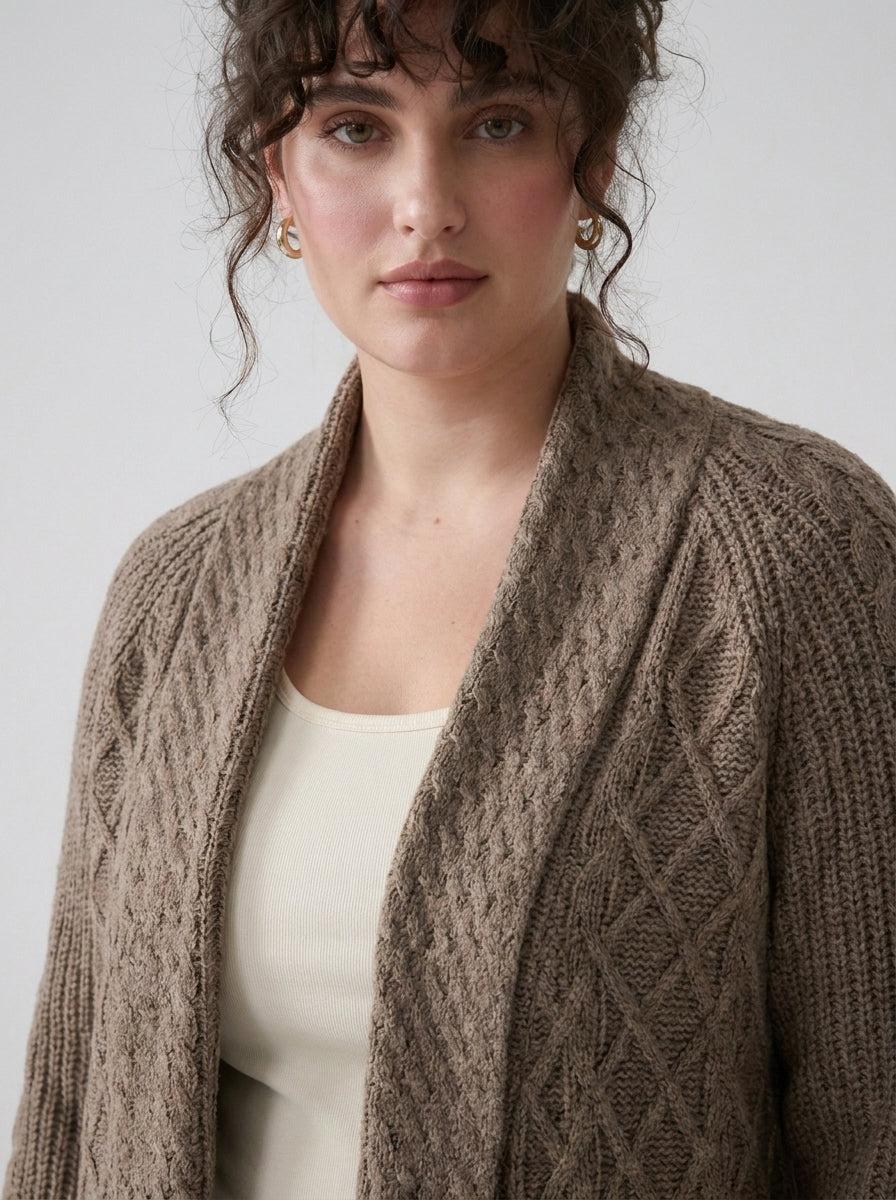 Plus Size Women's Green Shawl Collar Pockets Long Cable Knit Cardigan