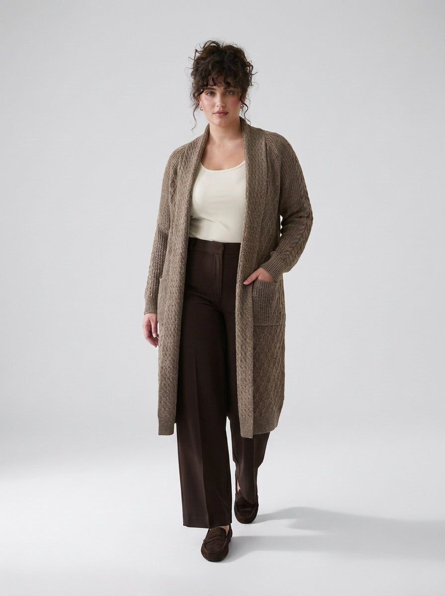 Plus Size Women's Green Shawl Collar Pockets Long Cable Knit Cardigan