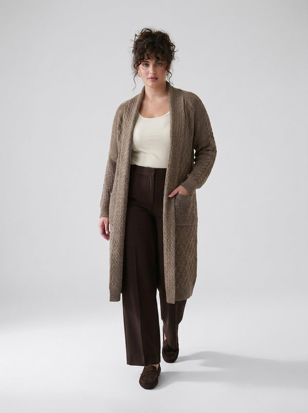 Plus Size Women's Green Shawl Collar Pockets Long Cable Knit Cardigan