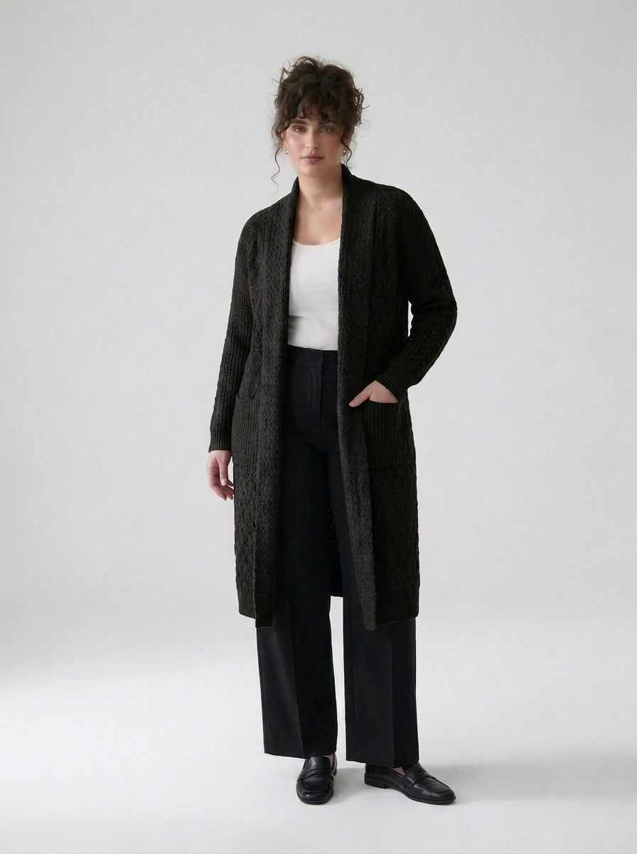Plus Size Women's Green Shawl Collar Pockets Long Cable Knit Cardigan