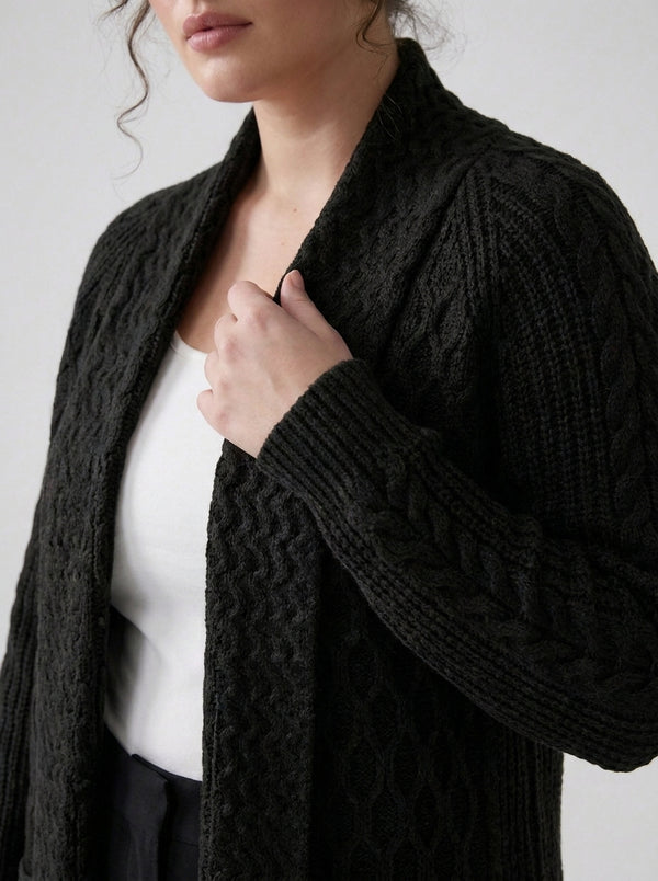 Plus Size Women's Green Shawl Collar Pockets Long Cable Knit Cardigan