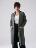 Plus Size Women's Green Shawl Collar Pockets Long Cable Knit Cardigan
