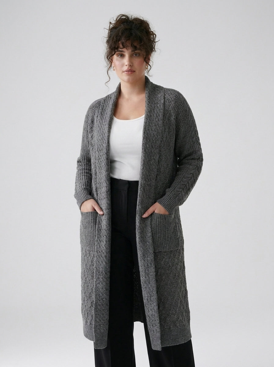 Plus Size Women's Green Shawl Collar Pockets Long Cable Knit Cardigan