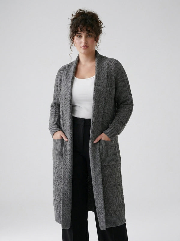 Plus Size Women's Green Shawl Collar Pockets Long Cable Knit Cardigan