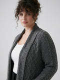 Plus Size Women's Green Shawl Collar Pockets Long Cable Knit Cardigan