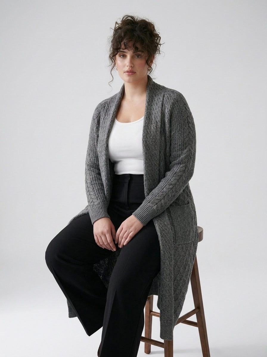Plus Size Women's Green Shawl Collar Pockets Long Cable Knit Cardigan