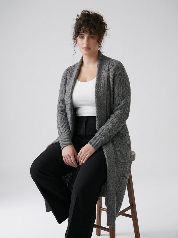Plus Size Women's Green Shawl Collar Pockets Long Cable Knit Cardigan