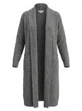 Plus Size Women's Green Shawl Collar Pockets Long Cable Knit Cardigan