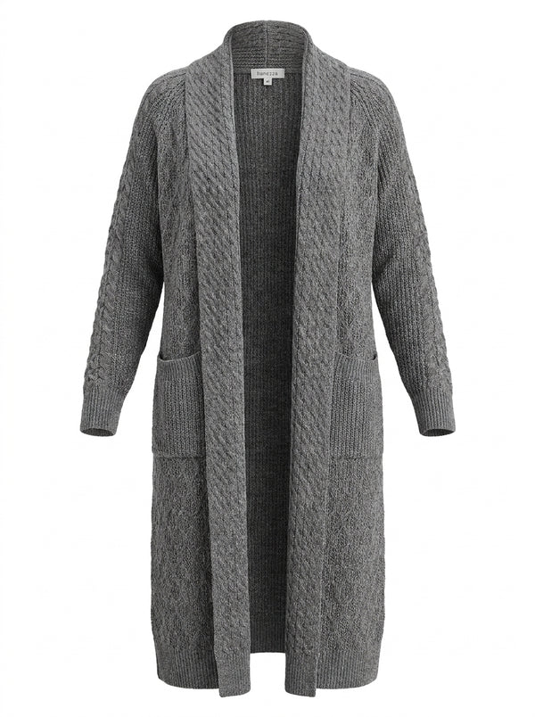 Plus Size Women's Green Shawl Collar Pockets Long Cable Knit Cardigan